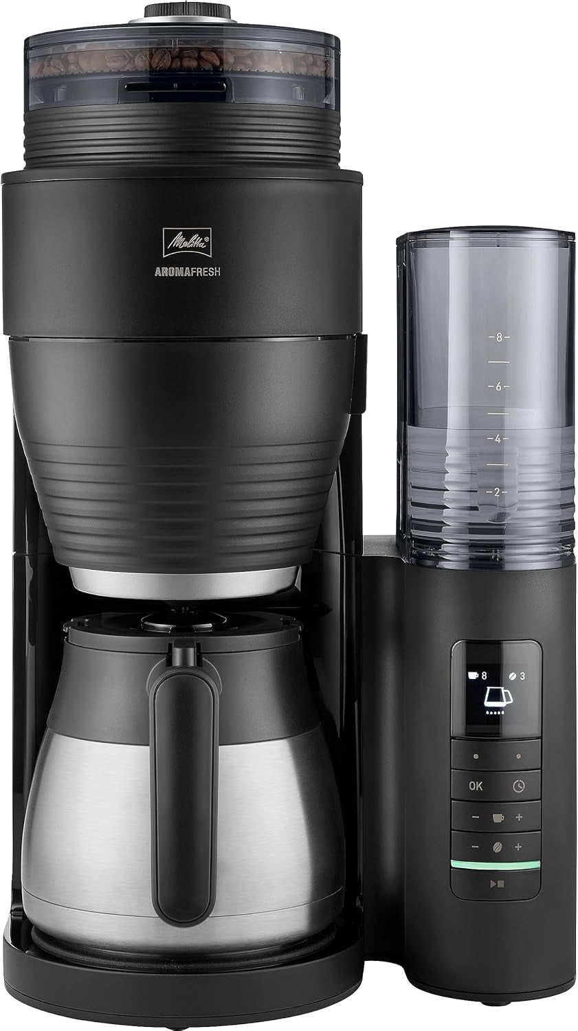 Melitta AromaFresh Therm Pro X - Machine à expresso avec filtre, moulin intégré, réservoir d'eau amovible, carafe thermique en acier inoxydable et fonction minuterie, pour jusqu'à 8 tasses de café, noir/argent
