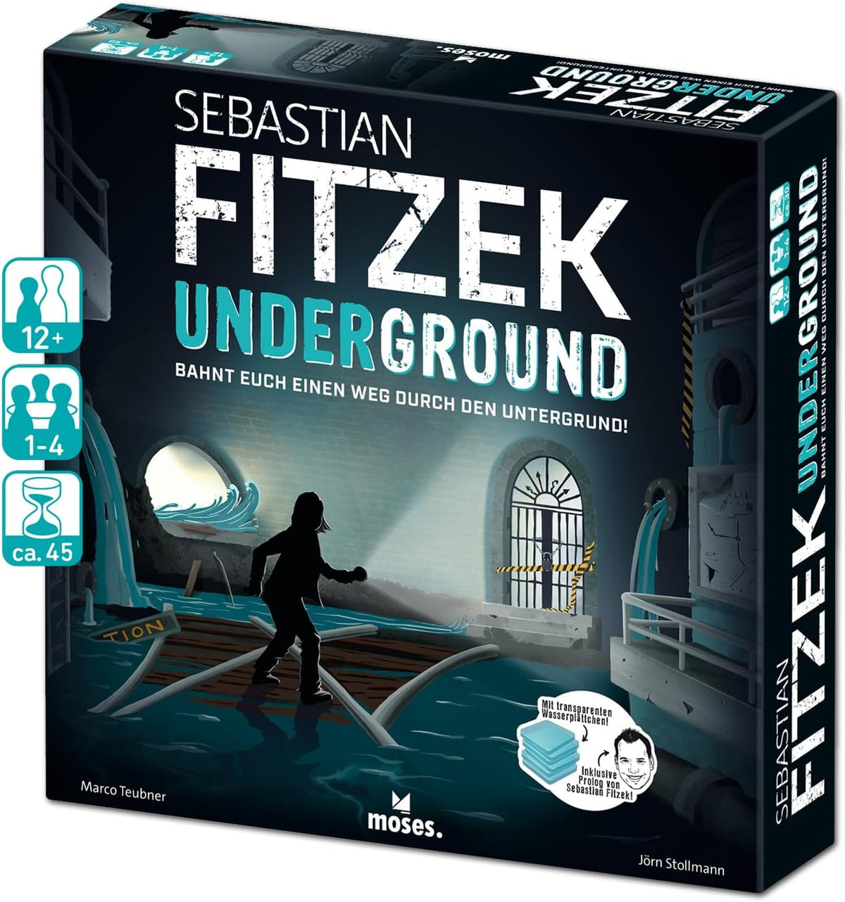 Moïse. Sebastian Fitzek Underground, un jeu de thriller 3D innovant pour les fans d'escape game, un jeu de société coopératif de Marco Teubner avec différents niveaux de difficulté, à partir de 12 ans.