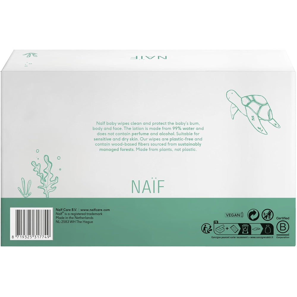 Naïf Lingettes Bébé Sans Plastique 432 Pièces (Pack de 8 x 54 Lingettes) - Soin des Fesses, du Corps et du Visage de Bébé - 99% d'eau - 0% Parfum & Alcool - Boîte de Lingettes Humides Durables, Eucalyptus Sensible
