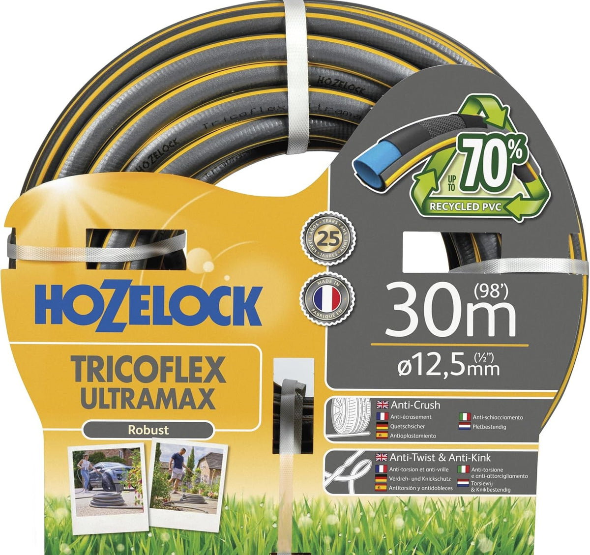 Tuyau HOZELOCK - Ultramax 12,5 mm x 30 m, jusqu'à 70 % de PVC recyclé, robuste, résistant aux intempéries, anti-torsion, résistant à la flexion et à l'écrasement, gris