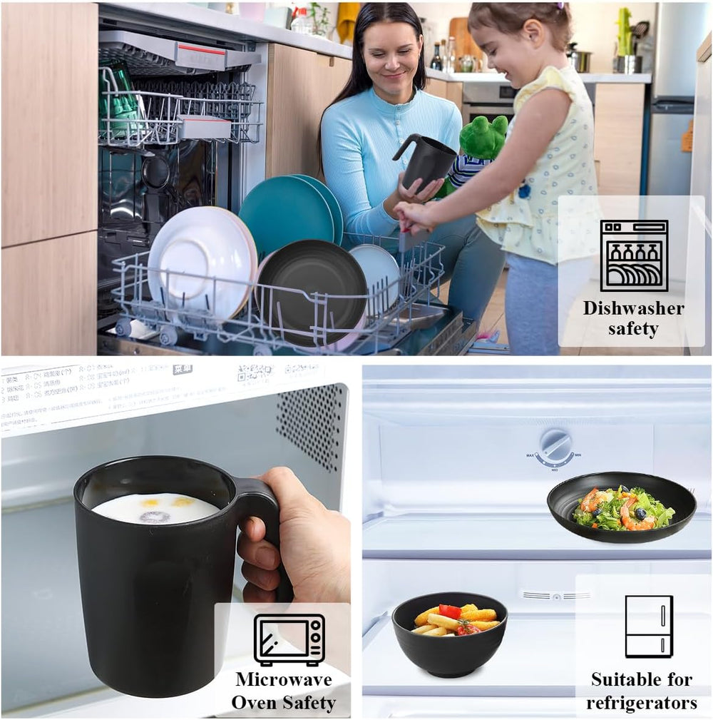 Berglander Service de table 24 pièces en plastique noir pour 6 assiettes et bols réutilisables comprenant des assiettes plates, des assiettes à dessert, des bols à céréales et des tasses pour la maison, le jardin et les pique-niques