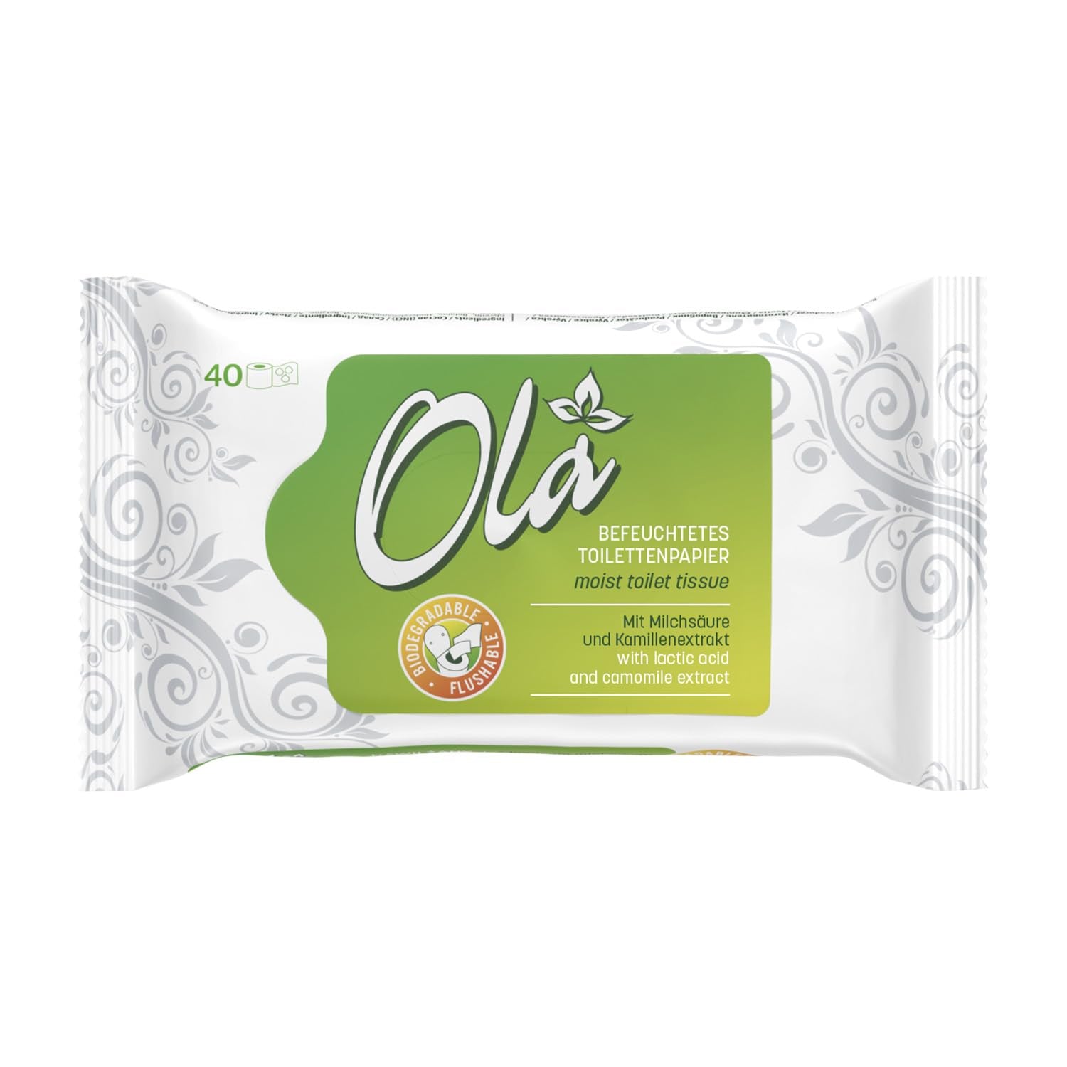 OLA hârtie igienică umedă - (1X40 bucăți) Șervețele umede - extract de mușețel și acid lactic, spălabile, piele sensibilă - 40 bucăți