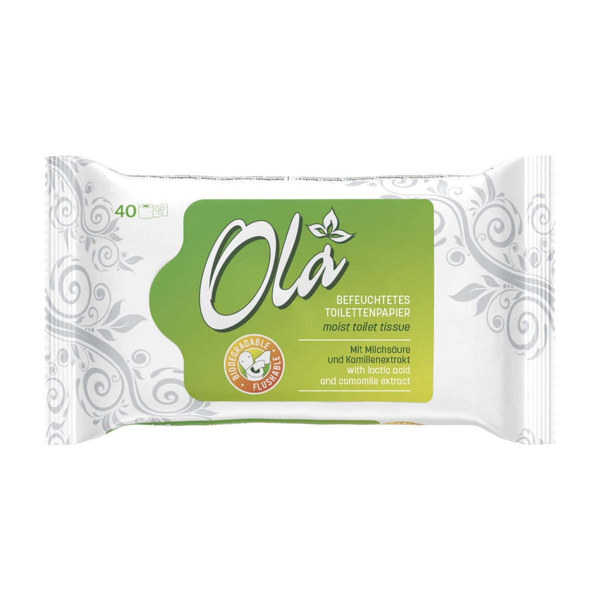 Papier toilette humide OLA - (1X40 pièces) Lingettes humides - extrait de camomille et acide lactique, lavables, peaux sensibles - 40 pièces