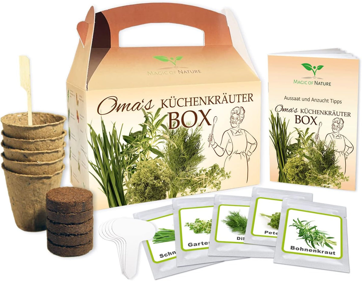 Magic of Nature Oma's Küchenkräuter Box - Anzuchtset - 5 Sorten frische Kräuter Samen - Zum Selberzüchten oder zum Verschenken
