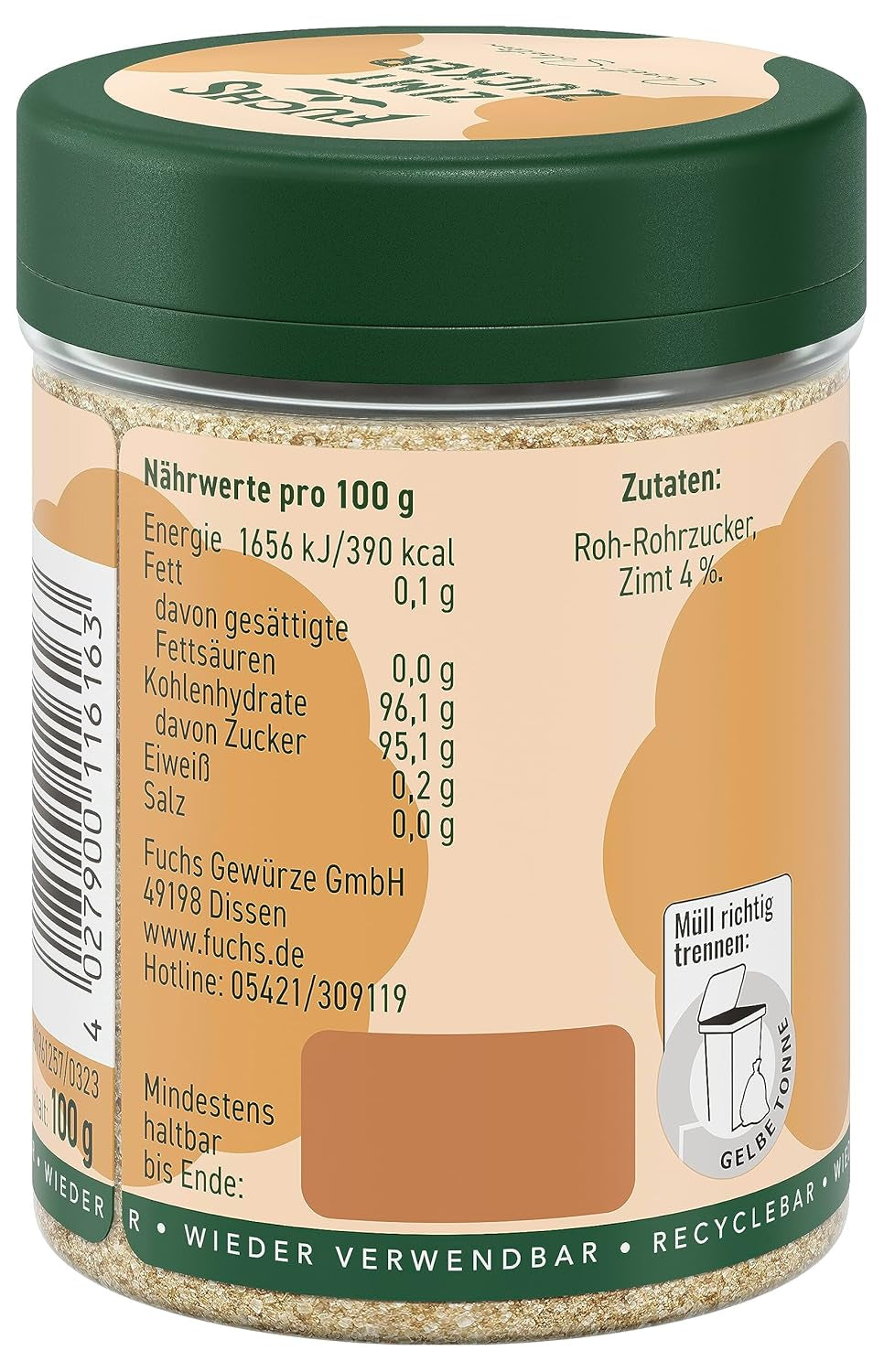Fuchs Gewürze - Zimt Zucker - Klassisches Gewürz für Milchreis, Pfannkuchen oder Wafeln - aus natürliche Ingredient - 100 g in wiederverwendbarer, recyclebarer Dose