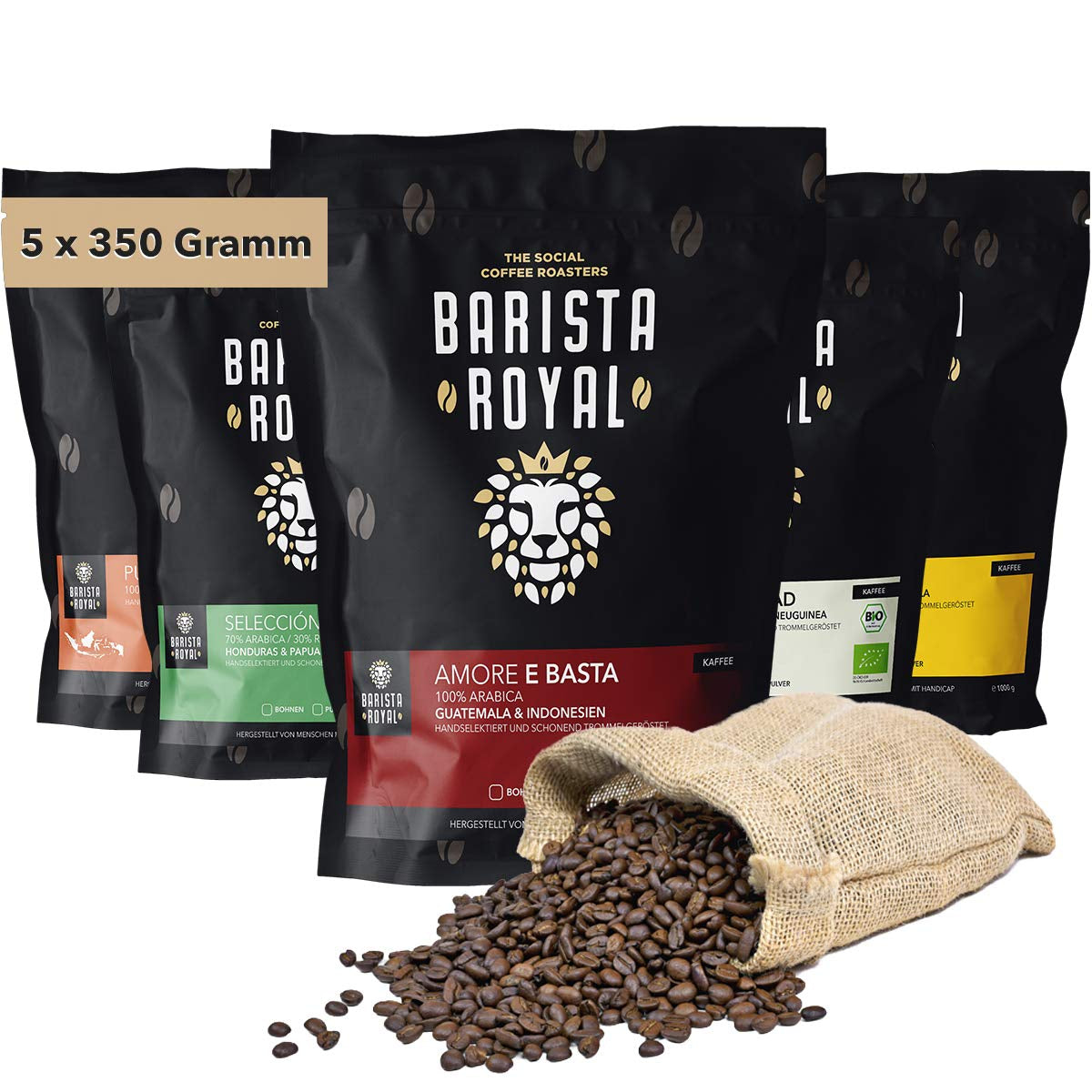 Coffret de dégustation de café en grains entiers 5 x 350 g | Forfait découverte Grains de café dans un coffret cadeau | Arabe | Commerce équitable | Végétalien | Idéal pour les machines à expresso automatiques, les machines à expresso à filtre, les machines à expresso à verseur et les presses françaises | BARISTA ROYAL
