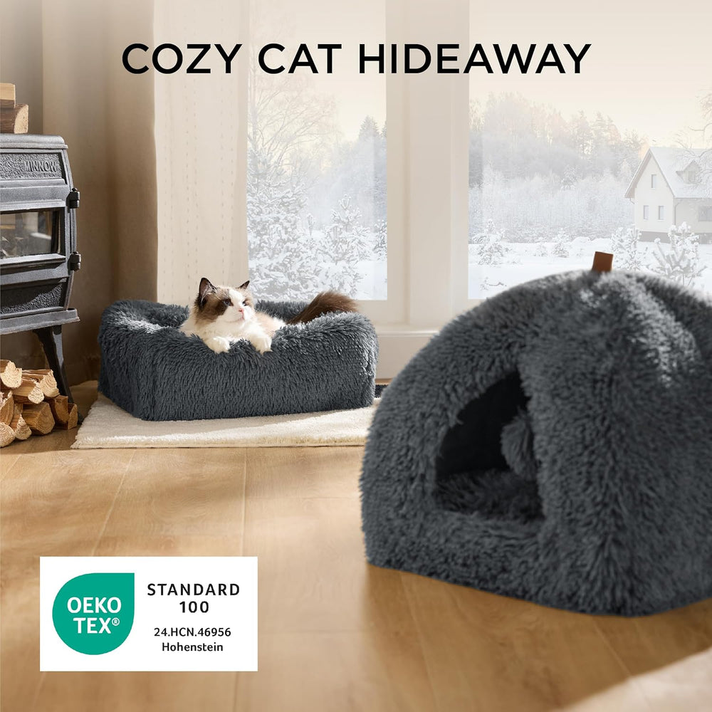 BEDSURE Katzenbett große Katzen Katzenhöhle- 44x44x44 cm Plüsch Katzenhaus Indoor mit abnehmbarem Katzenkissen und hängendem Spielzeug, Katzen Bettchen waschbar, dunkelgrau