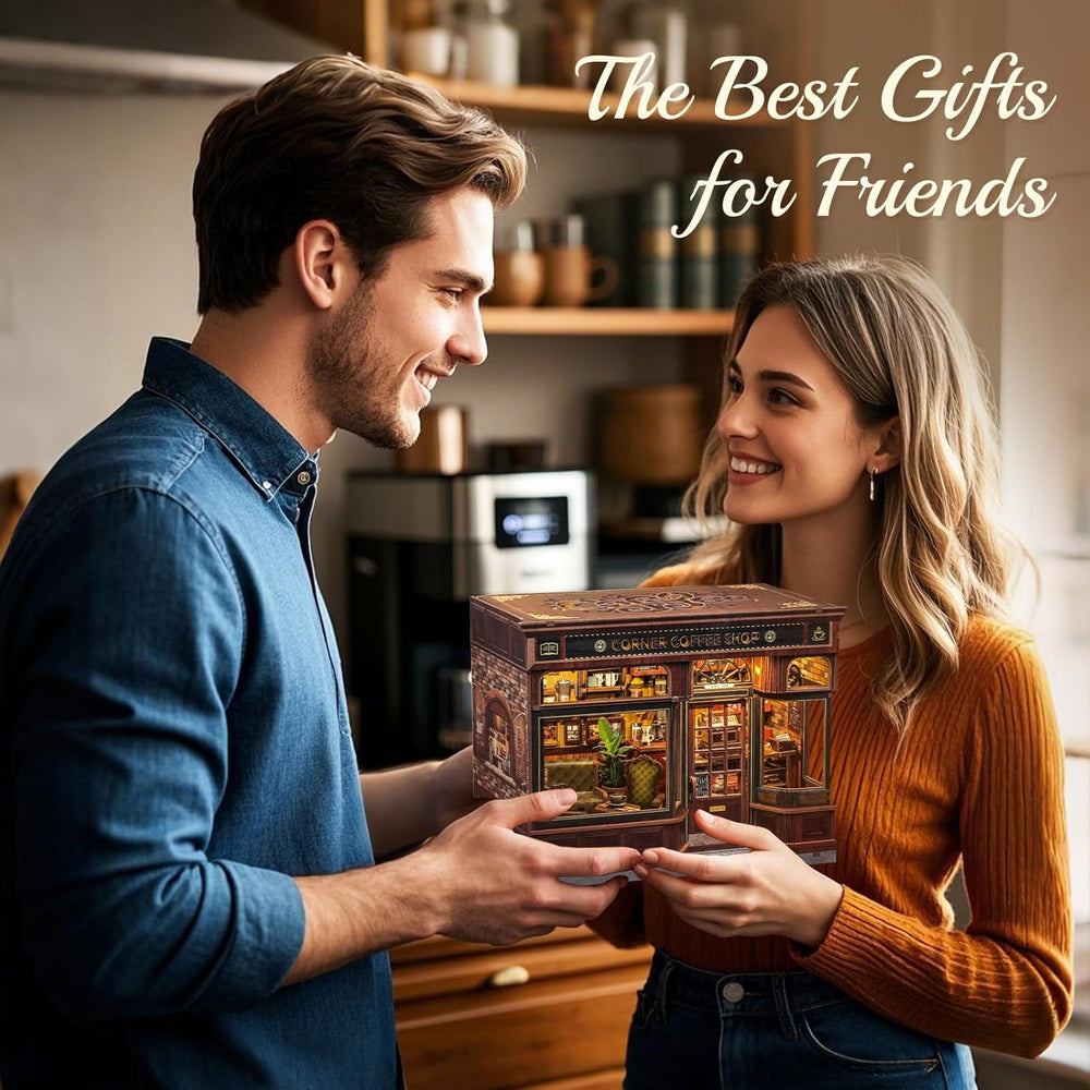 CUTEBEE Kit d'angle de livre – Maisons de poupée à monter soi-même, kit de construction de maison miniature éclairée par LED pour adultes, puzzle 3D en bois et support de livre – Décoration d'étagère et cadeau (coin café)