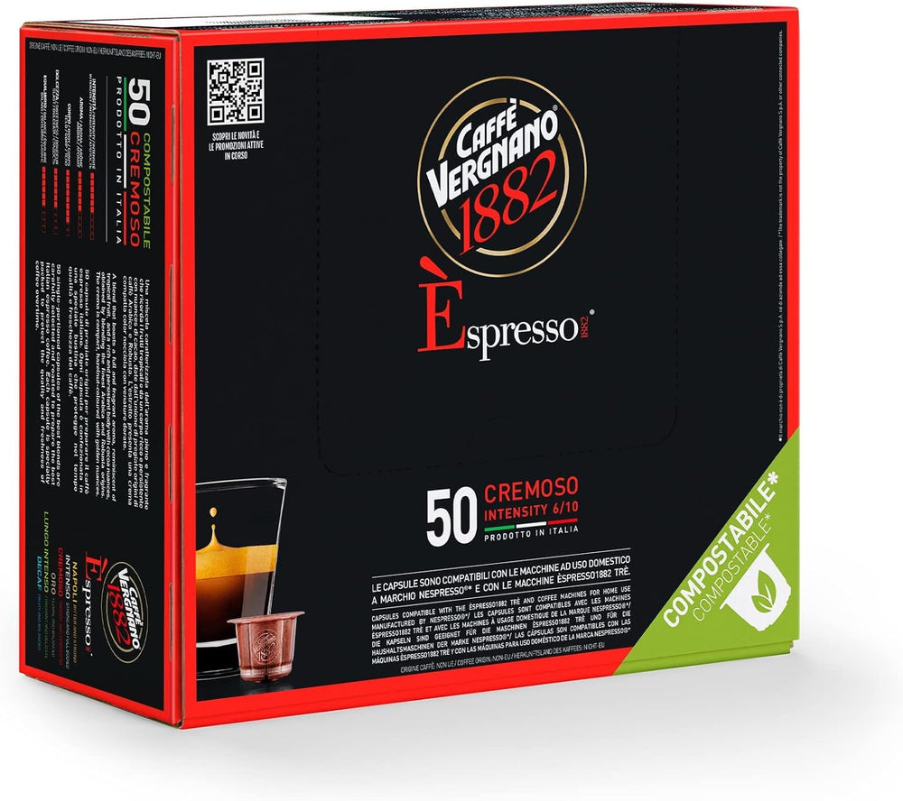Caffè Vergnano 1882 - Èspresso Kompostierbare Kaffeekapseln, Compatible Avec Nespresso, Cremoso (Crémeux) - Packung Enthält 50 Kapseln