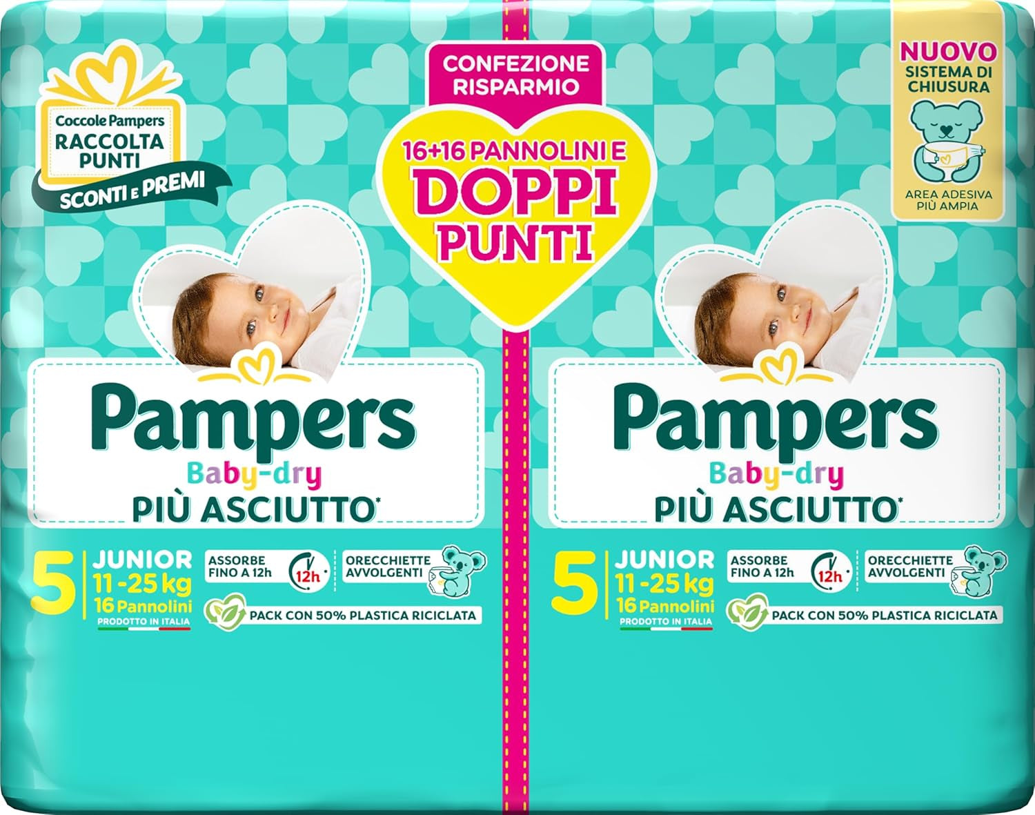 Couches Pampers Baby Dry Junior DWCT, paquet de deux, taille 5 (11-25 kg), 32 couches