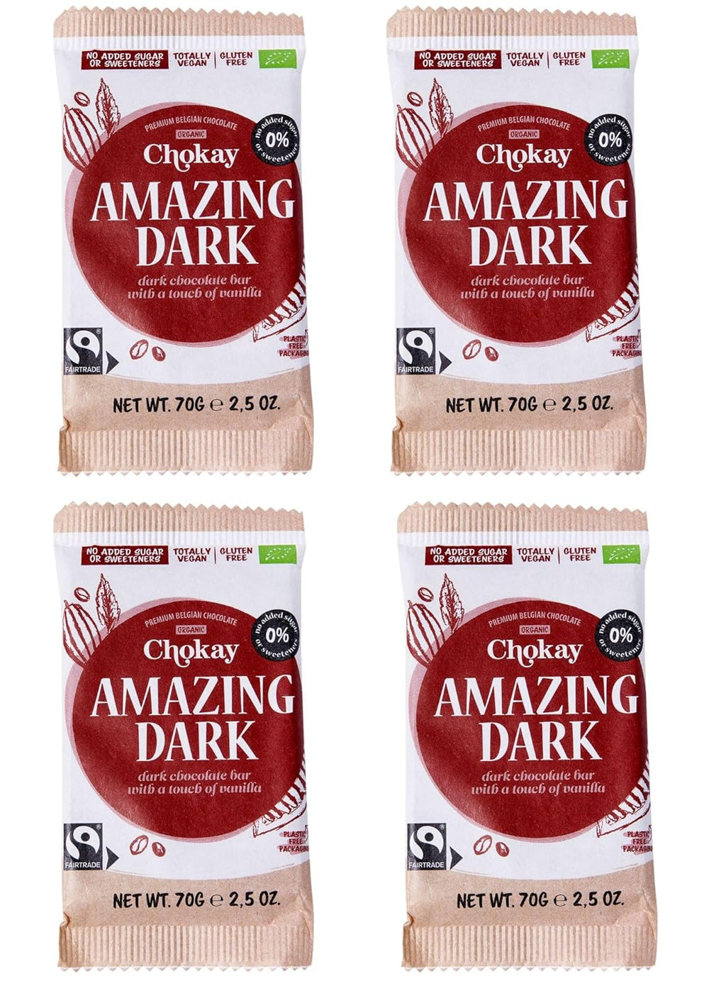 Barre biologique - Ensemble d'échantillons de 4 pièces/Amazing Black, Noisette, Pecan Caramel, Amande salée/Sans sucre ajouté, sans édulcorants/VÉGAN, SANS GLUTEN ET COMMERCE ÉQUITABLE / 4 x 70g