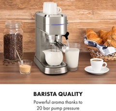 Klarstein Futura Machine à expresso, machine à expresso à filtre portable, 1450 W, 20 bars, qualité Barista, double buse, arrêt de débit, machine à expresso à filtre portable, fonction mousseur à lait, argent