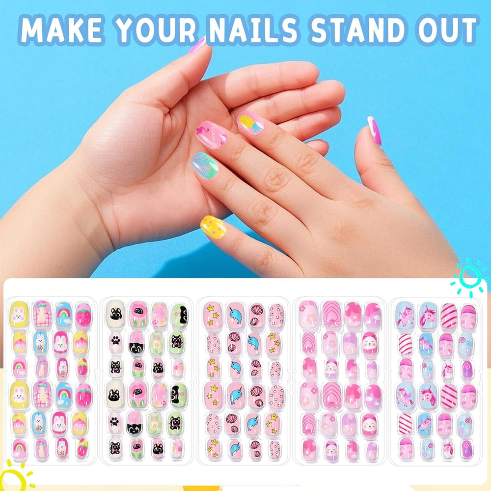 Ensemble de faux ongles – 120 pièces d'ongles autocollants pour enfants avec colle à ongles, ensemble d'ongles artificiels autocollants à couverture complète, faux ongles pour filles avec petites mains (couleur A, 120X)