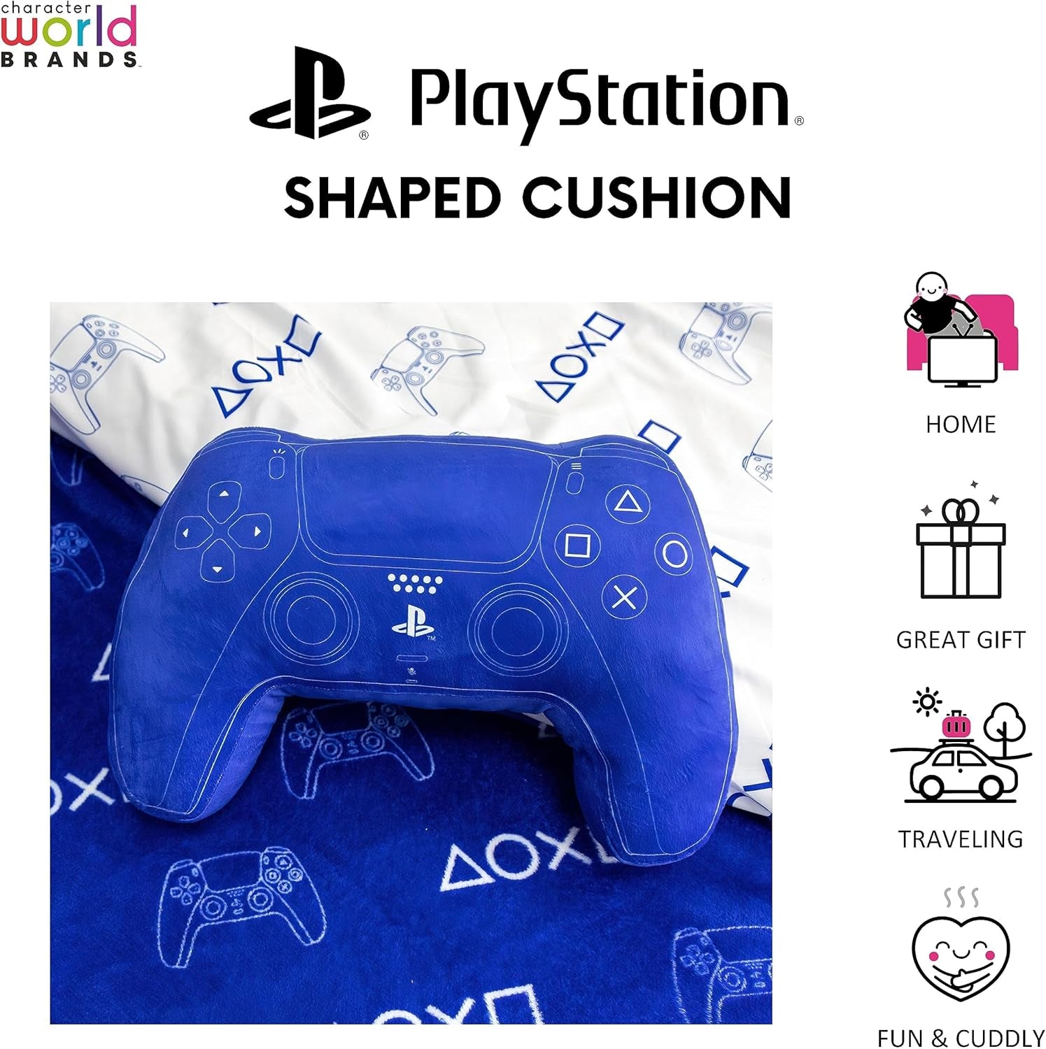 Character World : oreiller en forme de manette de Playstation sous licence officielle, design du combiné, oreiller en peluche | Parfaits pour la décoration d'une chambre ou d'un jeu, les oreillers standards bleus Naty Shop