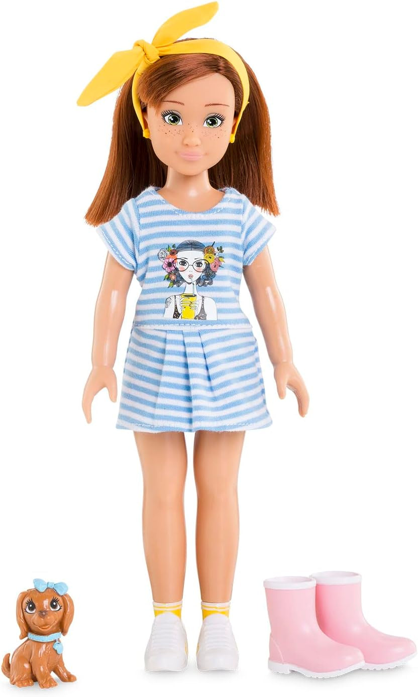 Corolle 9000600030 - Girls Luna Einhorn Set, Ankleidepuppe im Sommeroutfit mit Hund, mit Haarband, Ohrringe et extra Gummistiefel, 28cm Spielpuppe mit Vanilleduft, à partir de 4 ans