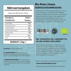 Wholefood Earth Lentilles rouges fendues biologiques 3 kg Sans OGM Végétalien Riche en fibres Riche en protéines Issu de l'agriculture biologique certifiée