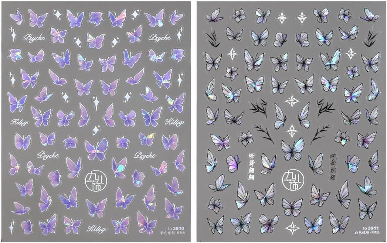 2 Blätter Schmetterling Nagelsticker Selbstklebend,Muschel Glitzer Nail Art Butterfly Nail Sticker Lila Grau Schmetterlinge Nagelaufkleber Relief Laser Papillons Nagel Sticker Nageldesign Zubehör