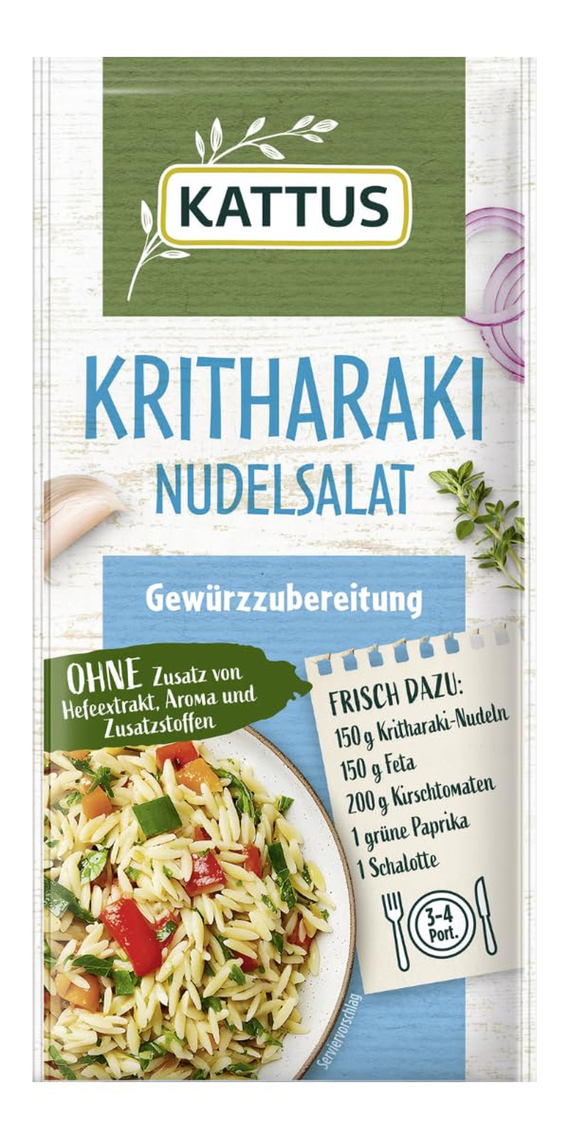 - Kritharaki-Nudelsalat Gewürzzubereitung | Assaisonnement pour 3-4 portions | Ohne Zusatz von Fefeextrakt, Aroma et Zusatzstoffen | 12 g en sachet