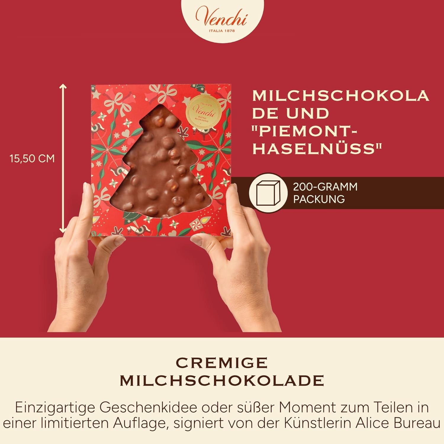 Venchi, Brutto&Buono, Barre de Chocolat au Lait en Forme de Sapin "Noisette de la Forêt du Piémont" Fait Main, 200g, Sans Gluten, Collection de Noël en Édition Limitée, Idée Cadeau