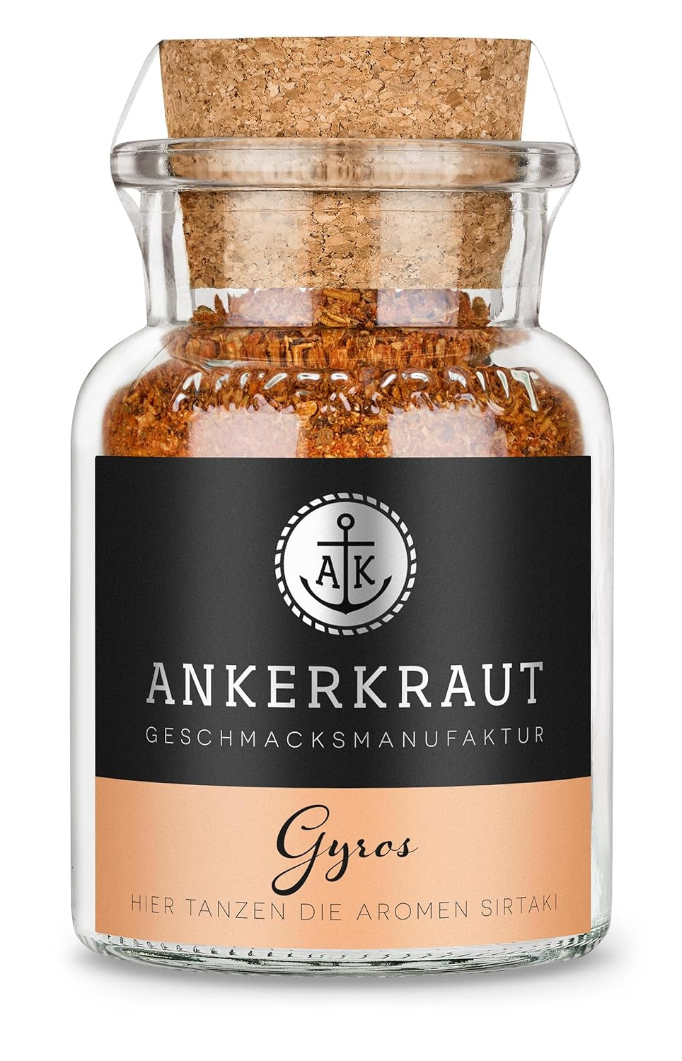 Ankerkraut Gyros, Gewürzmischung für Gyros, également sur la Pfanne ou sur le Grill, avec Zwiebel, Knoblauch, Marjolaine, Cumin, Piment et plus, 80 g dans Korkenglas