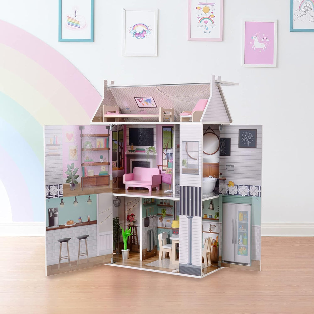 Olivia's Little World Dreamland Maison de poupée interactive en bois à 3 niveaux avec 13 accessoires de meubles de poupée Blanc TD-13632A