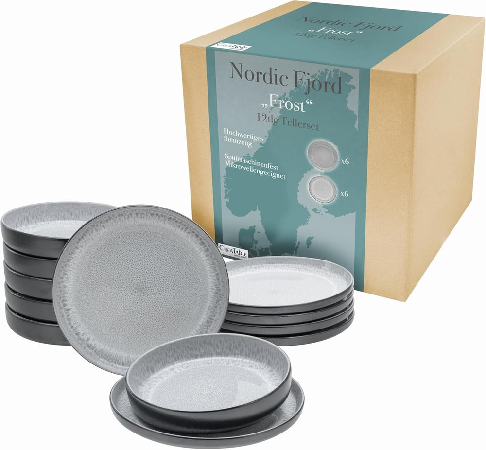 Creatable, 20166, Serie Nordic Fjord Green, 16-Teiliges Geschirrset Für 4 Personen, Kombiservice Aus Steinzeug, Spülmaschinen- Und Mikrowellengeeignet, Qualitätsproduktion Seturi vesela masa Naty Shop Grau Teller Set 12 Tlg