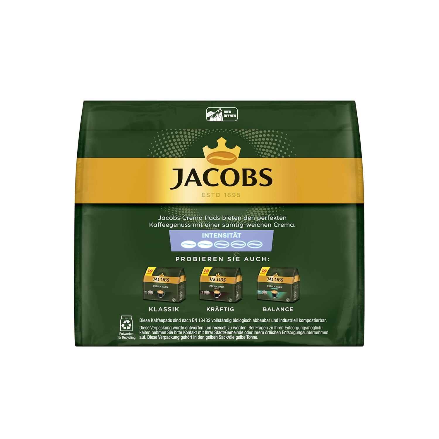 Jacobs Pads Crema Mild, tampons compatibles Senseo, 5 x 18 Getränke, 90 Kaffeepads
