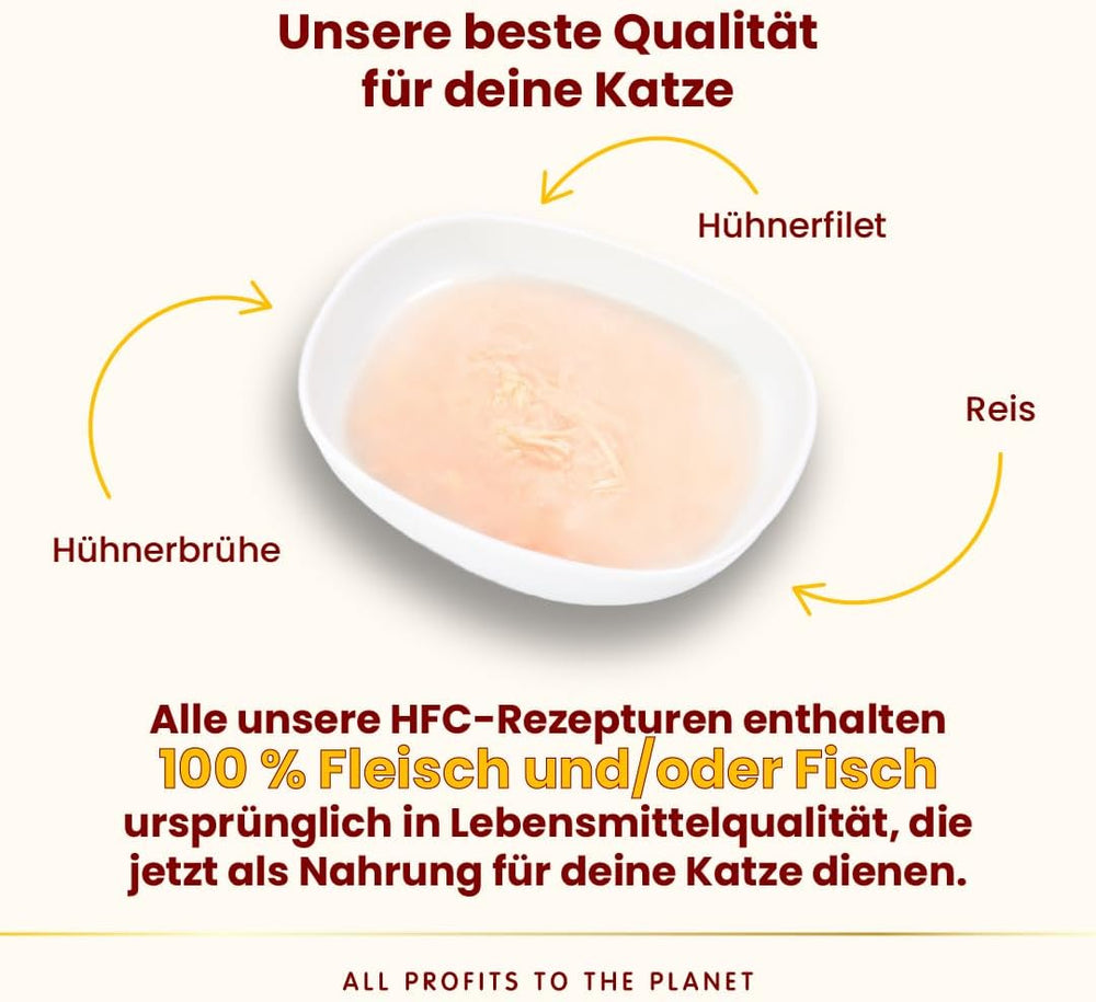 Hrană umedă pentru pisici almo nature HFC Hydration Help – Supă de pui și file de pui – Potrivită pentru uz uman, fără gluten, monoproteină, 50 g, 24 bucăți, 1,2 kg