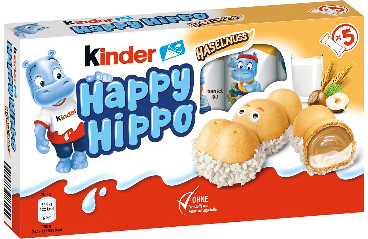 Kinder Happy Hippo Noisette - Spécialité Gaufrettes Croquantes au Lait et Crème de Noisettes - Bonbons Carnaval et Mardi Gras - 1 paquet contenant 5 barres individuelles de 20,7 g chacune
