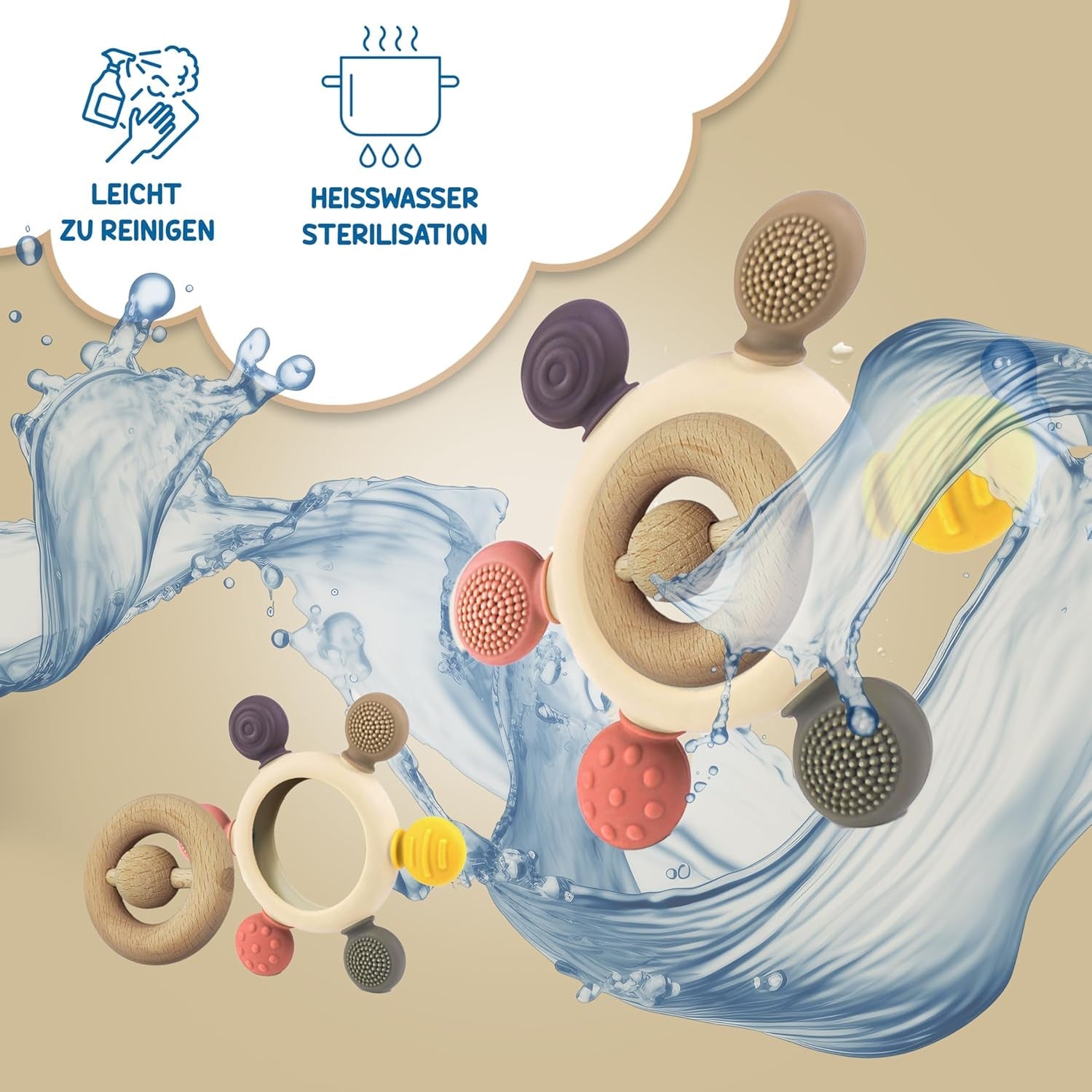 Anneau de dentition pour bébé avec chaîne de tétine - Aide à la dentition - Jouet pour bébé de 0 à 6 mois - Essentiels pour nouveau-né - Jouet de dentition sans BPA - Idées cadeaux pour nourrissons