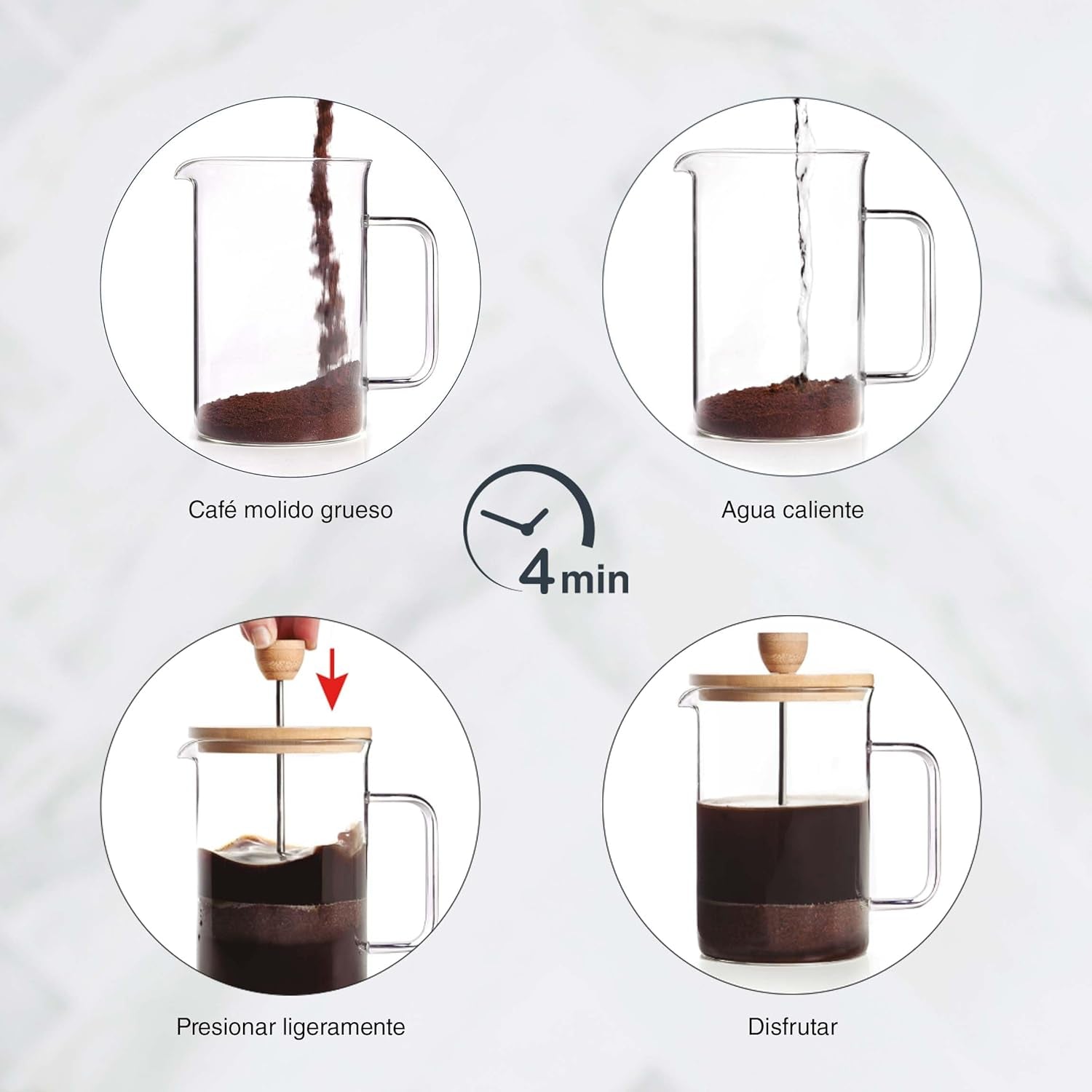 Cafetière française, presse à café, cafetière à piston, cafetière filtre française, 3 tasses, 0,35 l, acier et bois