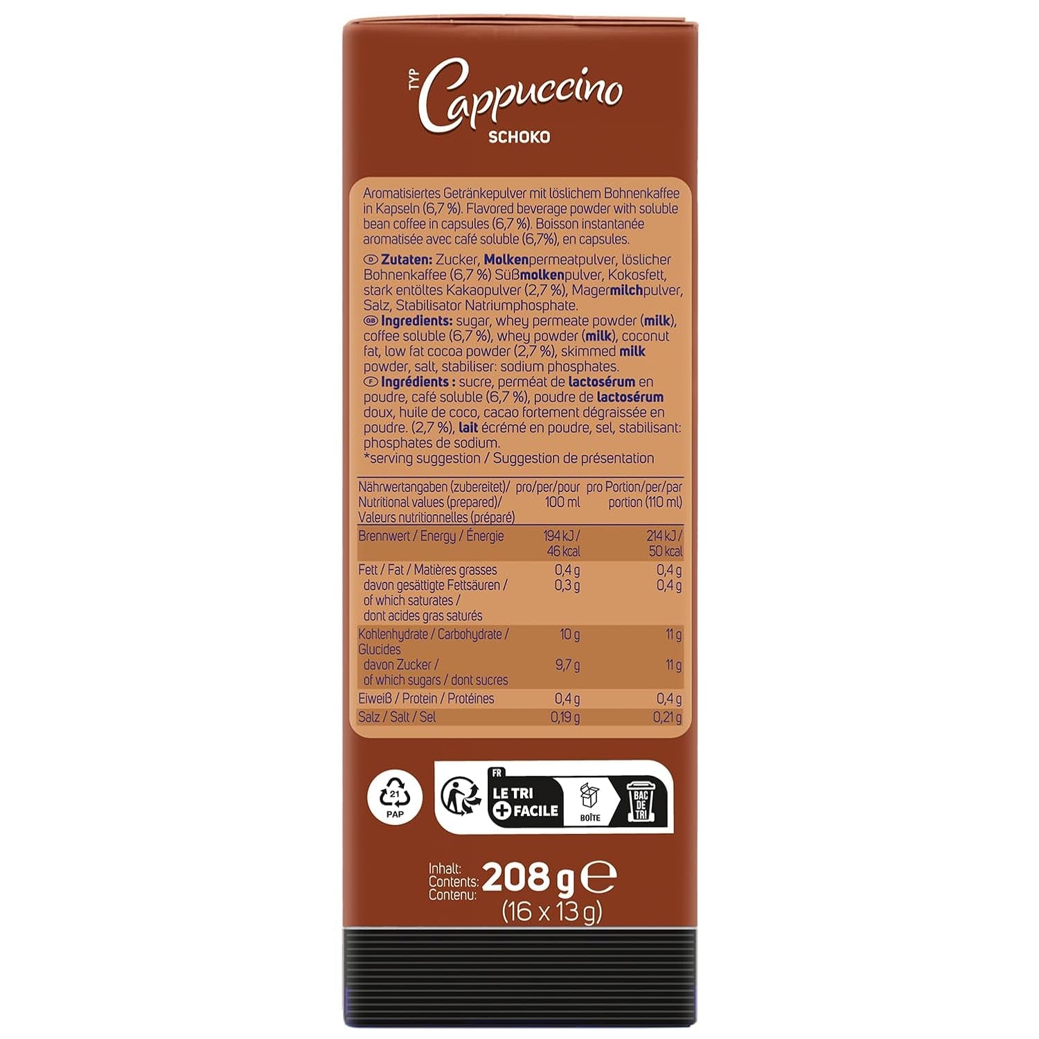 Capsules de café KRÜGER Cappuccino Schoko, compatibles avec K-fee et ALDI EXPRESSI* Kapselmaschinen, café instantané aromatisé, 96 capsules