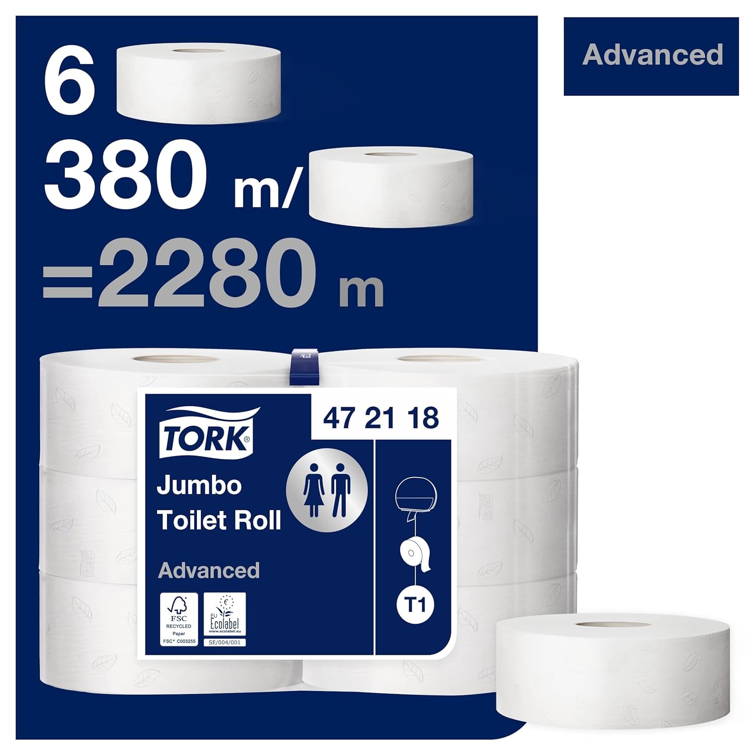 Papier toilette Tork Jumbo blanc T1, avancé, 2 couches, 6 × 380 M, 472118