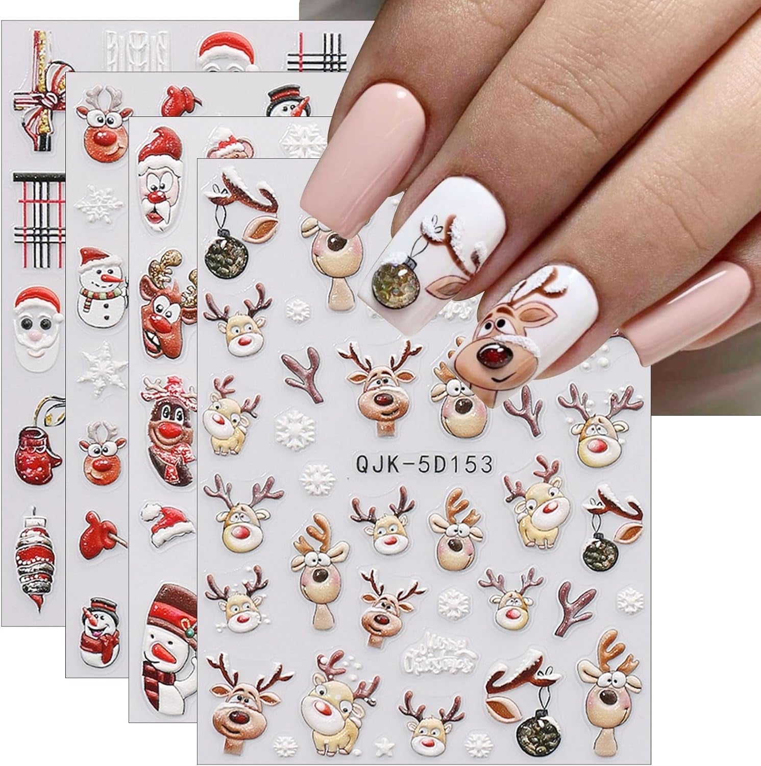 JMEOWIO 3D Nagelsticker Weihnachten Nail Art Sticker Selbstklebend Nagelaufkleber 5D Stereoskopisch Schneeflocke Xmas Winterurlaub Niedlich Dekoration Nageldesign Zubehör 4 Blatt