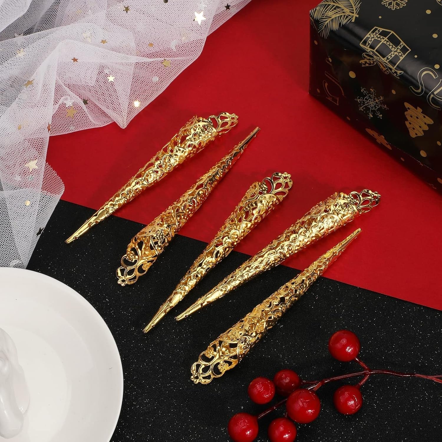 Mwoot 10 bucăți Halloween unghii false aurii unghii false antice regina costum cosplay deget unghii vârful inelelor deget unghii vârful ghearelor inele pentru unghii gheare inele pentru unghii pentru femei