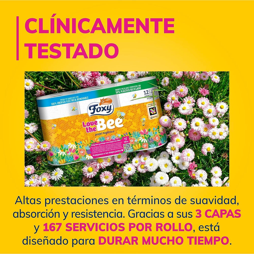 J’aime l’abeille | Papier toilette 3 épaisseurs | 48 rouleaux | 167 services de rouleaux | Certificat Fsc | Électricité 100% renouvelable | Emballage recyclable fabriqué à partir de plastique recyclé