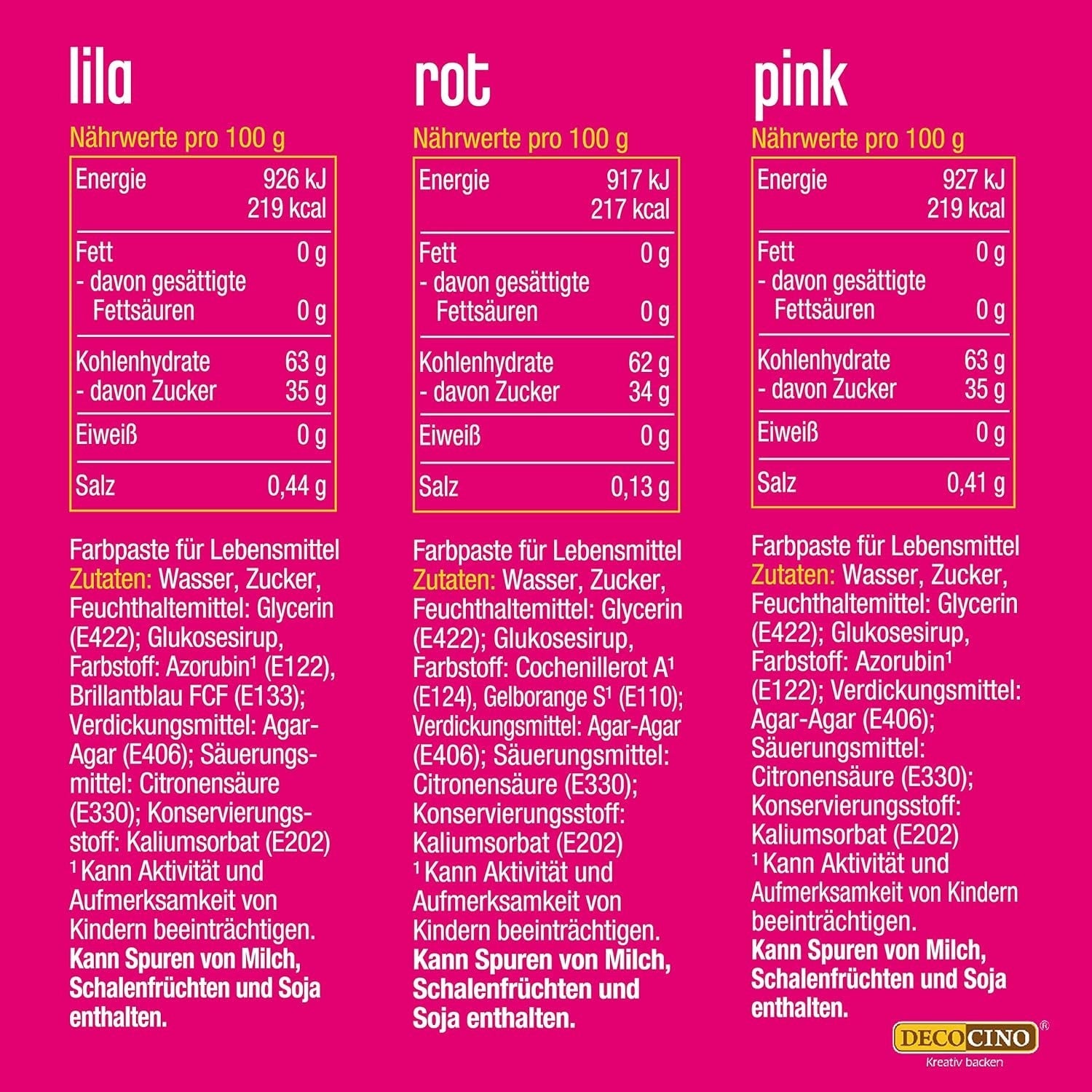 Decocino Neon Colorant Alimentaire Set - 3 Pièces - Rouge, Rose, Violet - Colorant Alimentaire Haute Dose - Pour Colorer Gâteaux, Muffins, Cupcakes - Sans Goût