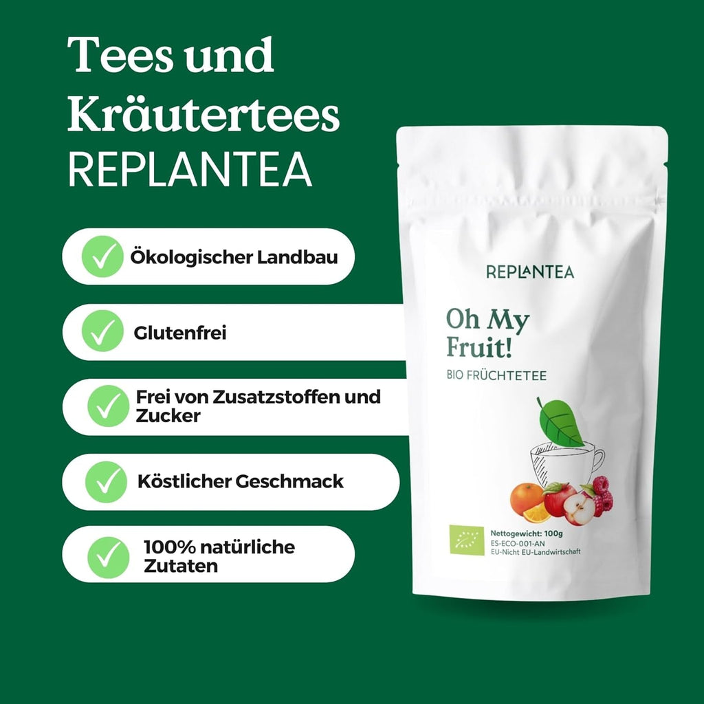 Ceai de fructe BIO Oh My Fruit 100 g (50 de cești) | Ceai de fructe vrac cu mere, hibiscus, zmeură, portocale și frunze de stevia REPLANTEA