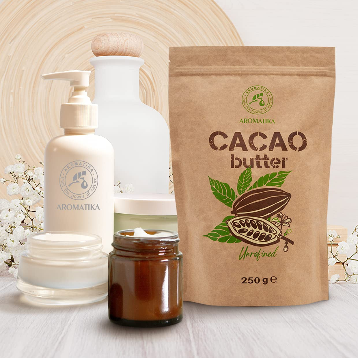 Kakaobutter - 250g - Theobroma Cacao - Raw Cacaobutter - Kakao Butter in Stücken - Kaltgepresst - Unraffiniert - Rein und Naturlich - für Speisen und Hautpflege - Cacao Butter