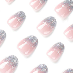 24 bucăți unghii French Press pe unghii, scurte, argintii strălucitoare, cu design, unghii artificiale ovale, unghii de lipit pe unghii acrilice lucioase, unghii false pentru femei și fete