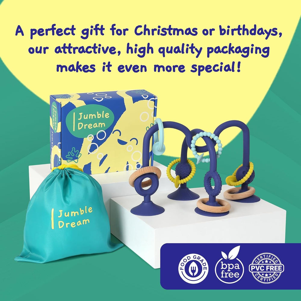 JUMBLE JANGLE Anneau de dentition pour bébé : jouet de dentition pour bébé de 3 à 24 mois | Ensemble de 7 jouets à mâcher sans BPA | Anneau de dentition en silicone rafraîchissant | Jouet pour tout-petit avec ventouse pour chaise haute, table et baignoire