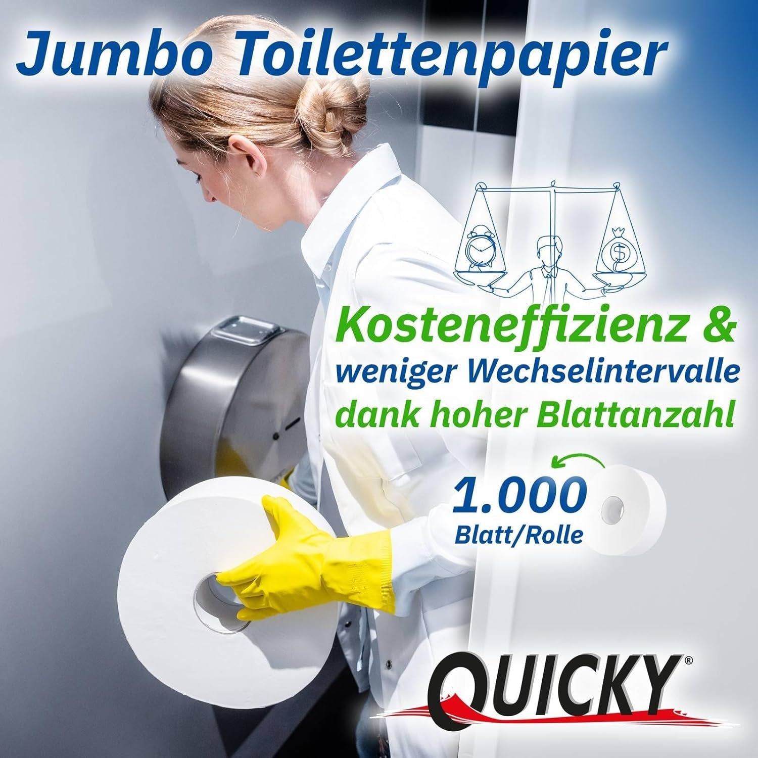 Papier toilette Quicky Jumbo 2 épaisseurs, 25 cm Ø, blanc brillant, gaufré à pois fins, 6 rouleaux - absorbant et indéchirable pour une hygiène maximale, idéal pour les institutions publiques et l'industrie