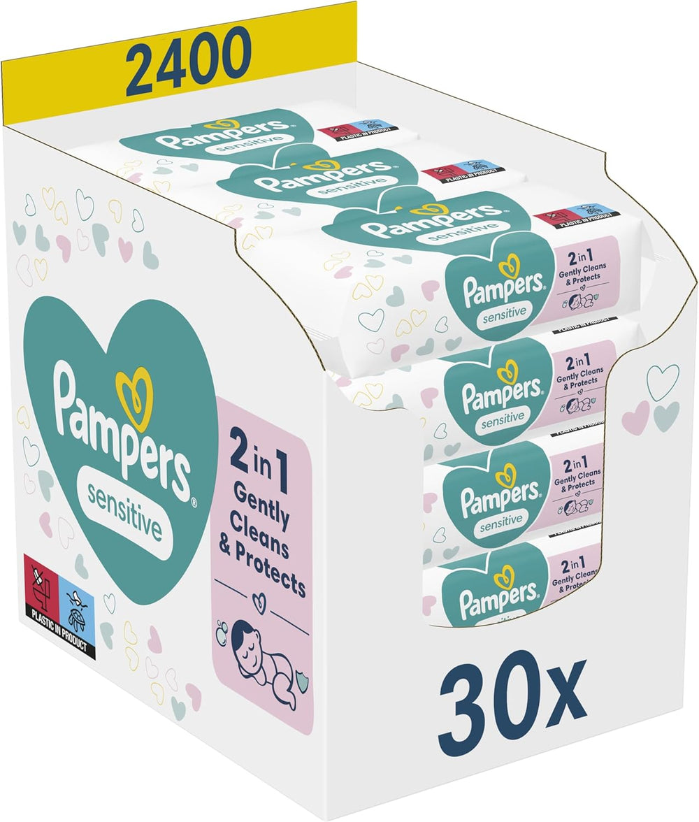 Lingettes Pampers Sensitive pour bébé, paquet de 15 de 80 lingettes, 1200 lingettes pour bébé, nettoyage doux 2 en 1 et protection de la peau