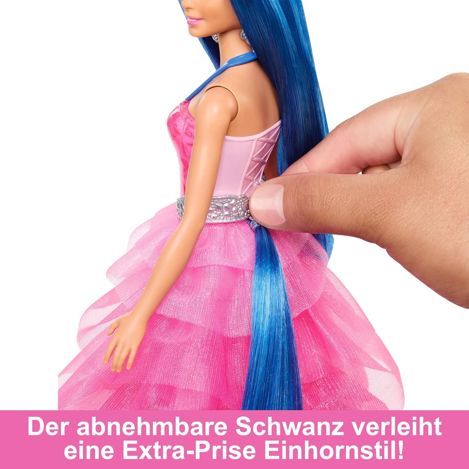 Barbie Hidden Magic - Poupée Licorne, Robe Rose avec Détails Bleu Saphir, Bandeau Licorne, Ailes et Queue Saphir Amovibles, 3 Ans et Plus, HRR16