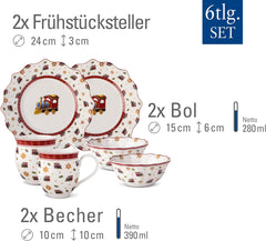 Villeroy & Boch - Toy's Delight Service de Petit-Déjeuner pour 2, Design Locomotive, 6 Pièces, Coloré, Noël, Service de Vaisselle avec Assiettes, Tasses et Bols pour Petit-Déjeuner, Vaisselle de Noël, Porcelaine Premium