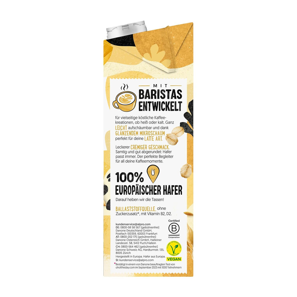 Alpro Barista Haferdrink – Zum Aufschäumen – Vegan et milchfrei – Von Natur aus lactosefrei – Riche en substances de ballast, calcium et vitamines – 8 x 1 L – Haltbar
