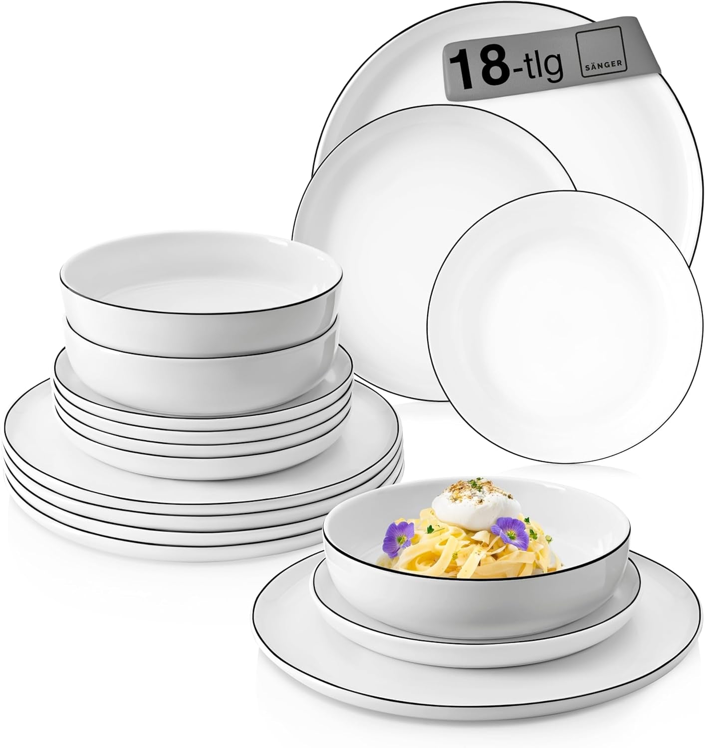 SANGER | Marlo Service de table à bords noirs et blancs, service de table 18 pièces en porcelaine pour 6 personnes, blanc avec accents noirs, assiettes plates, assiettes à dessert et bols, design moderne | LA COLLECTION PREMIUM