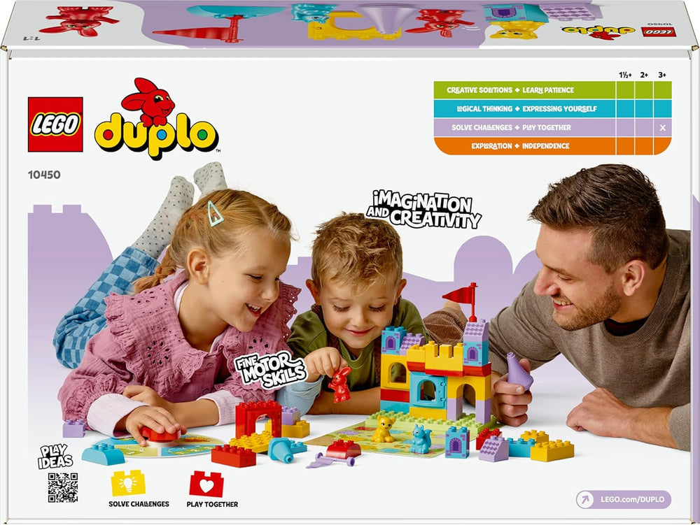 LEGO DUPLO Hopsys Burgspiel - Lernspielzeug zur Förderung der Motorik für Kleinkinder - 3 Tierfiguren, Spielzeugschloss & Brettspiel mit Drehscheibe - Geschenk für Mädchen & Jungen ab 3 Jahren - 10450