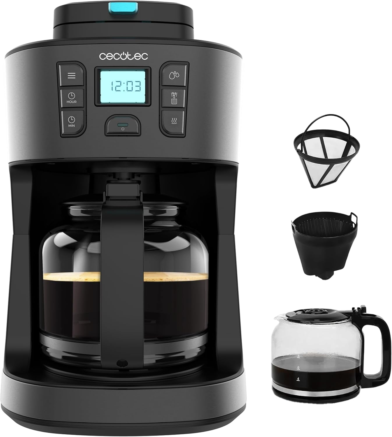 Cafetière filtre Cecotec Coffee 66 Grind & Drop Essential. 1086 W, broyeur à lame, jusqu'à 12 tasses, technologie Extreme Aroma, numérique, acier inoxydable, arrêt automatique.