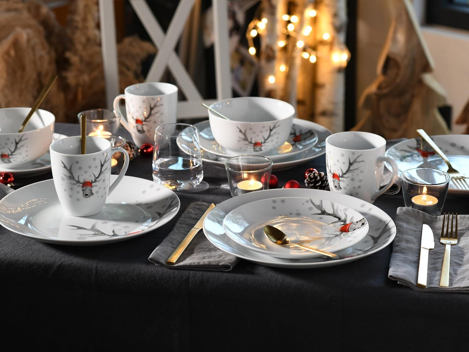 CreaTable, 21498, série Luna Hirsch, service de table 18 pièces pour 6 personnes, service de petit-déjeuner en porcelaine, passe au lave-vaisselle et au micro-ondes, fabrication de qualité